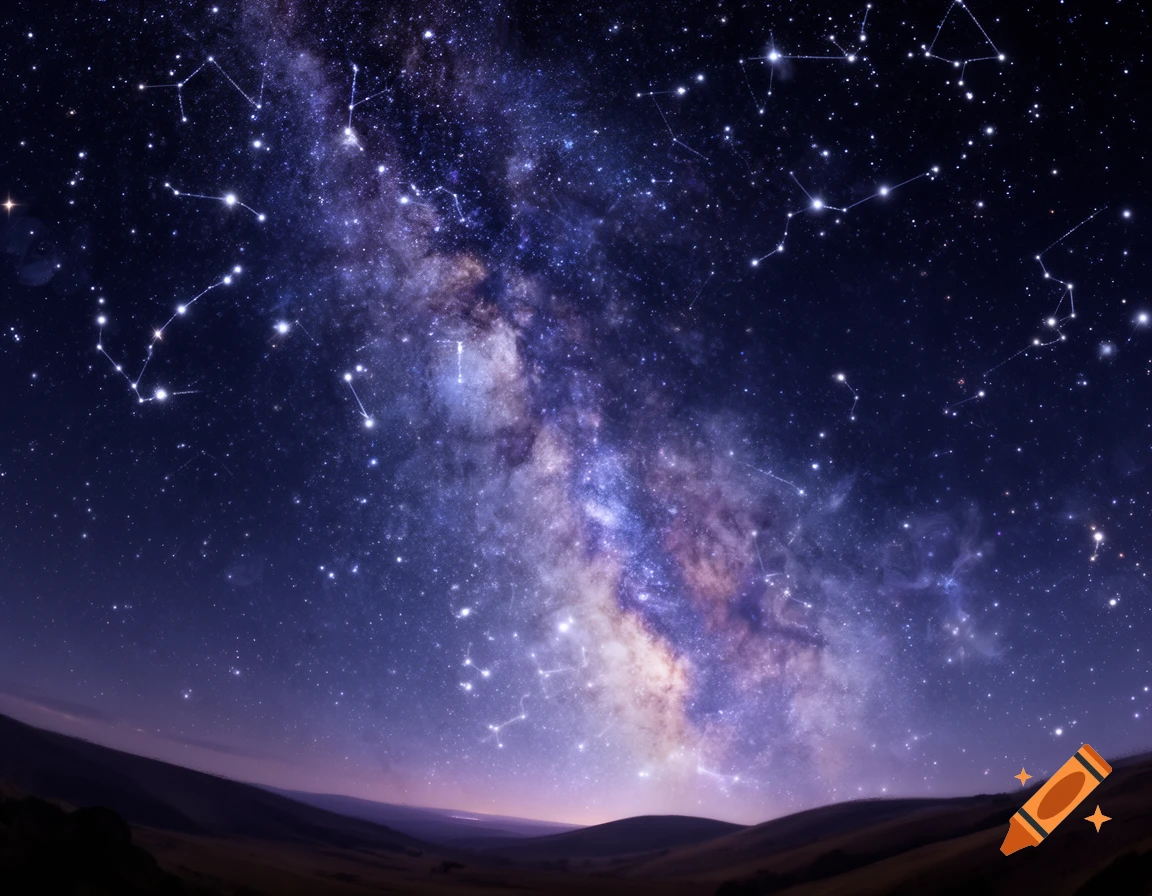 A vibrant painting of a starry night sky with the Milky Way and constellations over dark hills.