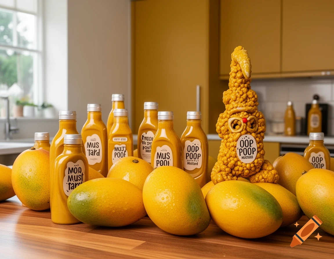 A close-up of a kitchen counter with several mangoes and yellow mustard bottles. A large, textured, rabbit-like figure stands among them.