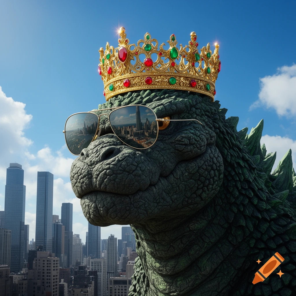 Photorealistic Godzilla head wearing sunglasses and a golden jeweled crown, overlooking a city skyline under a blue sky.
