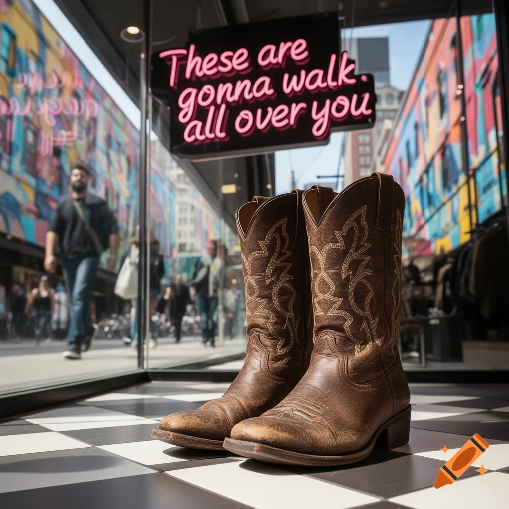 A pair of brown cowboy boots with intricate stitching stands on a black and white tiled floor inside a storefront, with a neon sign reading "These are gonna walk. all over you" glowing above. A blurred cityscape and people are visible through the window in the background.