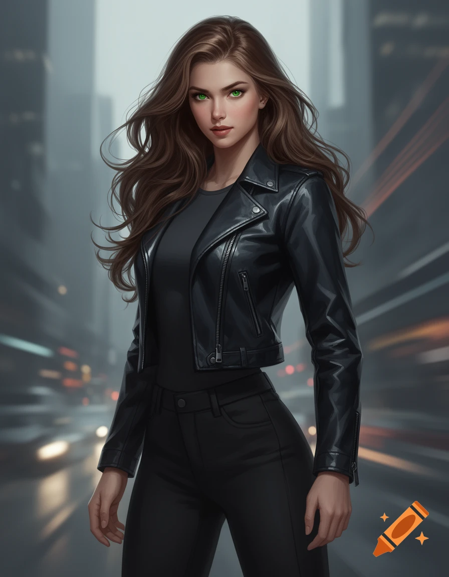 A young woman with long brown hair and green eyes, wearing a black leather jacket and pants, stands in a blurred city street in a concept art style.