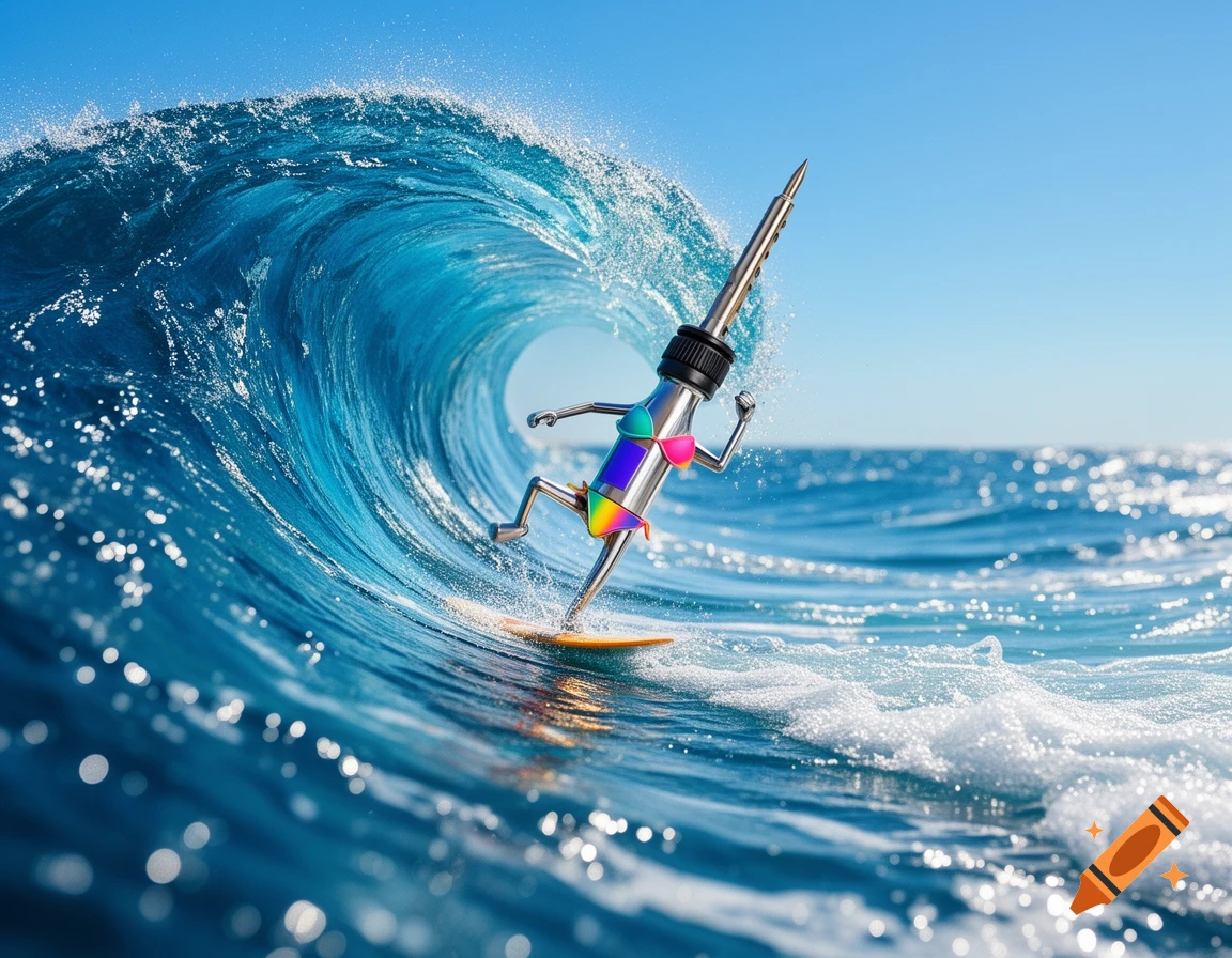 A photorealistic image of an anthropomorphic soldering iron wearing a pink and rainbow bikini, surfing a large blue ocean wave.