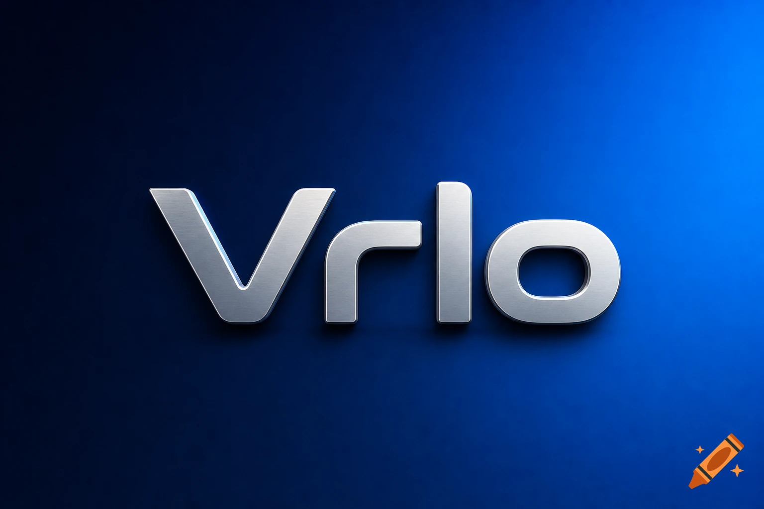 3D metallic text spelling "Vrlo" with a brushed metal texture, set against a vibrant blue gradient background, resembling a modern logo.