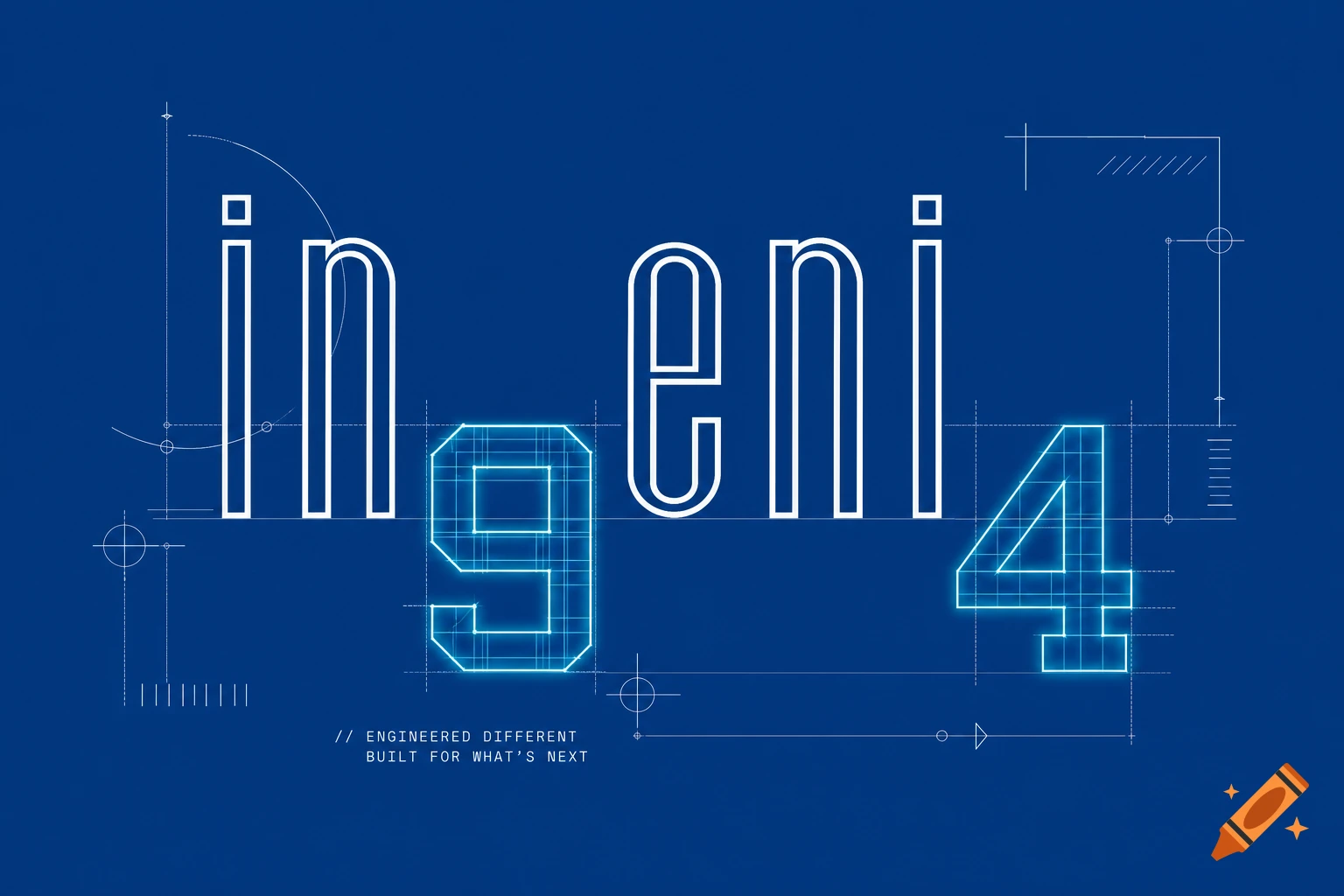 A stylized logo "in9eni4" with "in" and "eni" as white blueprint text and "9" and "4" as glowing cyan wireframes on a blue background, along with blueprint lines and the text "ENGINEERED DIFFERENT BUILT FOR WHAT'S NEXT" below.
