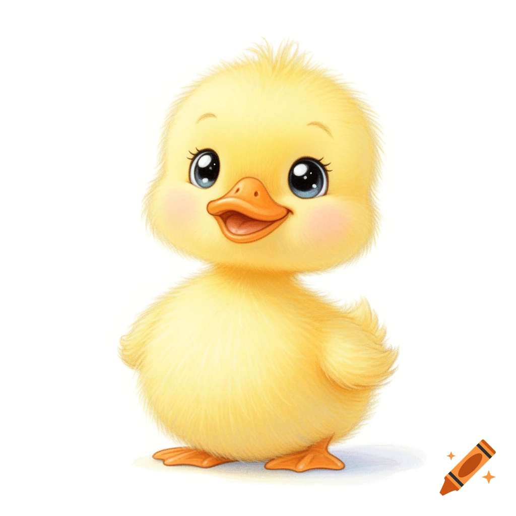 Cute yellow duckling with big shiny eyes and an orange beak, depicted in a children's book illustration style, on a white background.