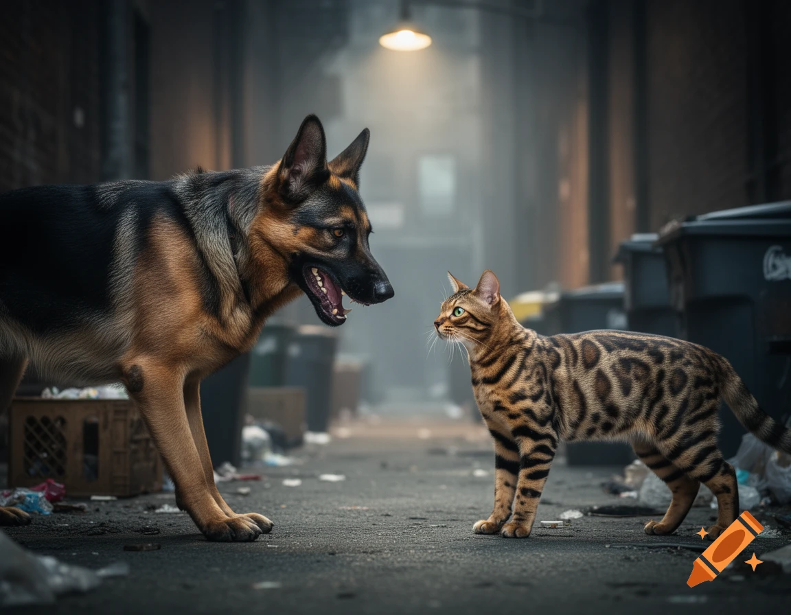 A German Shepherd dog barks at a Bengal cat in a dimly lit, trash-strewn alley, a single street light shining above.