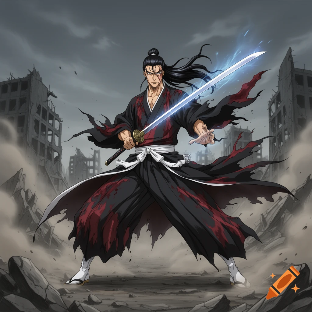 Anime warrior with black kimono and glowing sword stands ready in a crumbling, post-apocalyptic city.