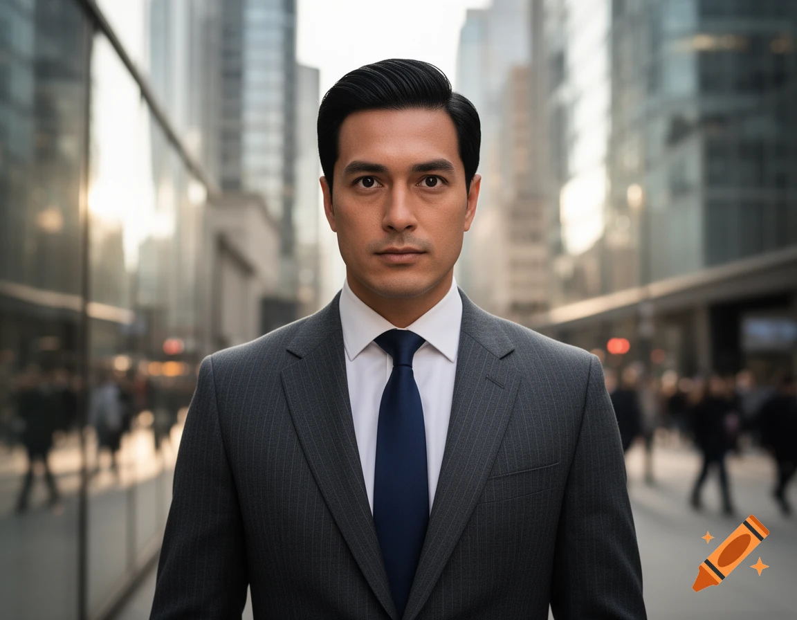 Photorealistic image of a man in a dark pinstripe suit and blue tie, looking directly at the camera with a city building background.