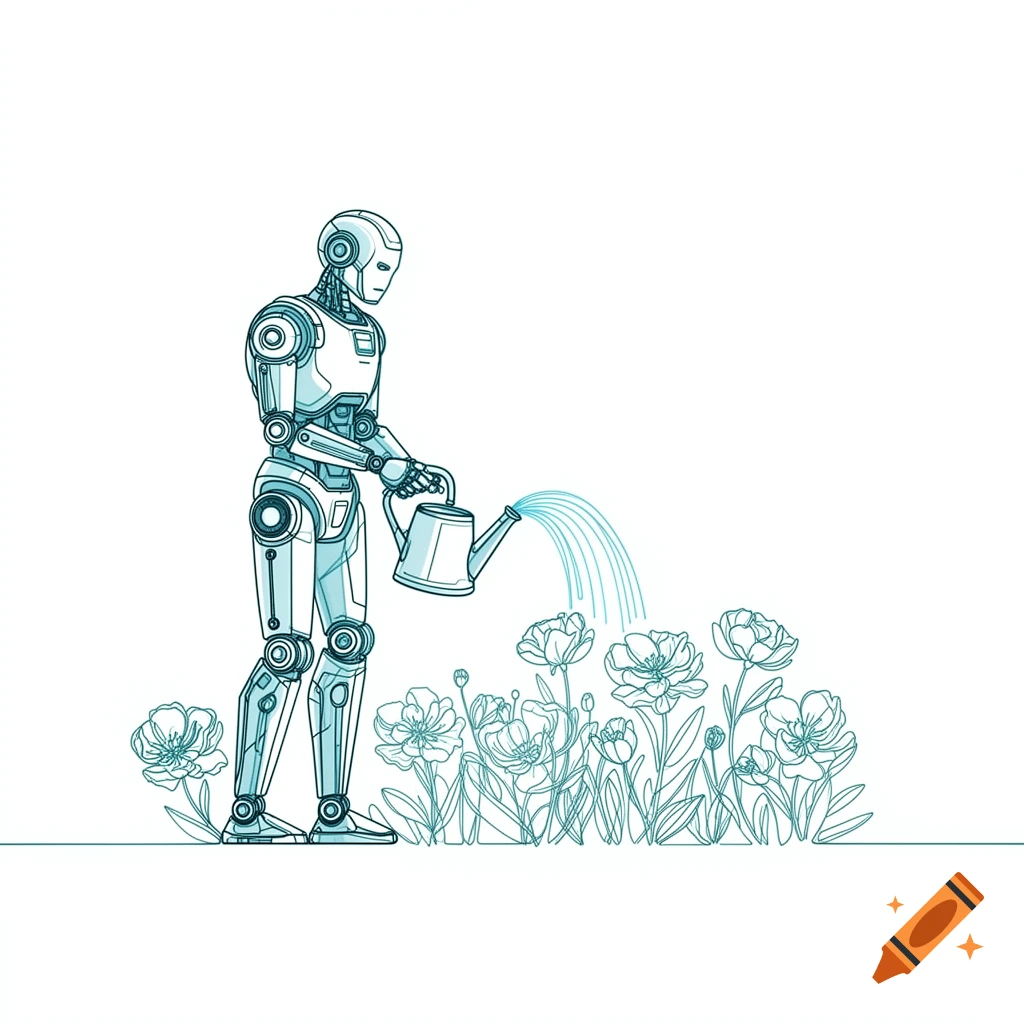 A single color line art illustration of a robot watering a garden of flowers.