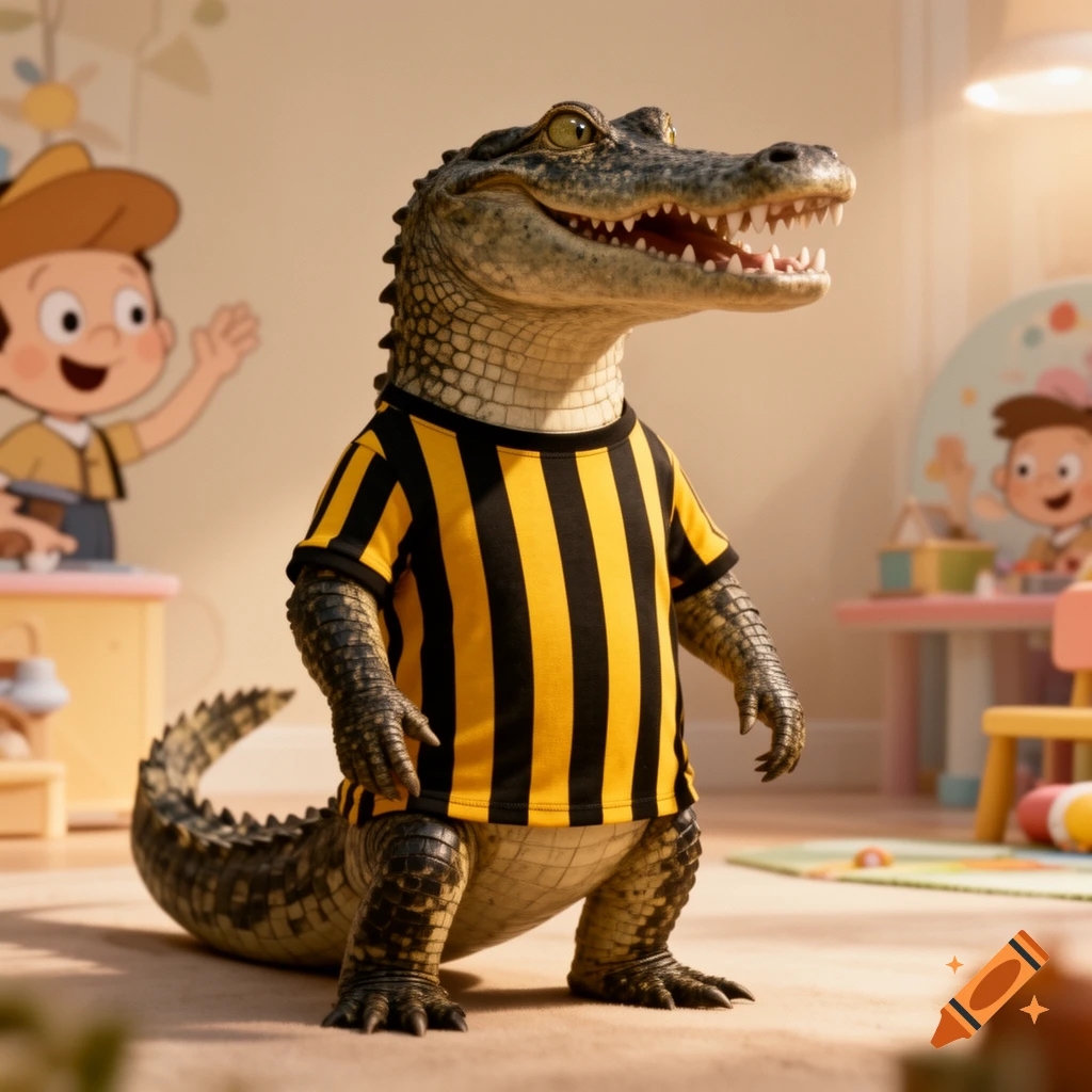 Photorealistic crocodile in a yellow and black striped shirt stands in a child's room with cartoon figures in the background.