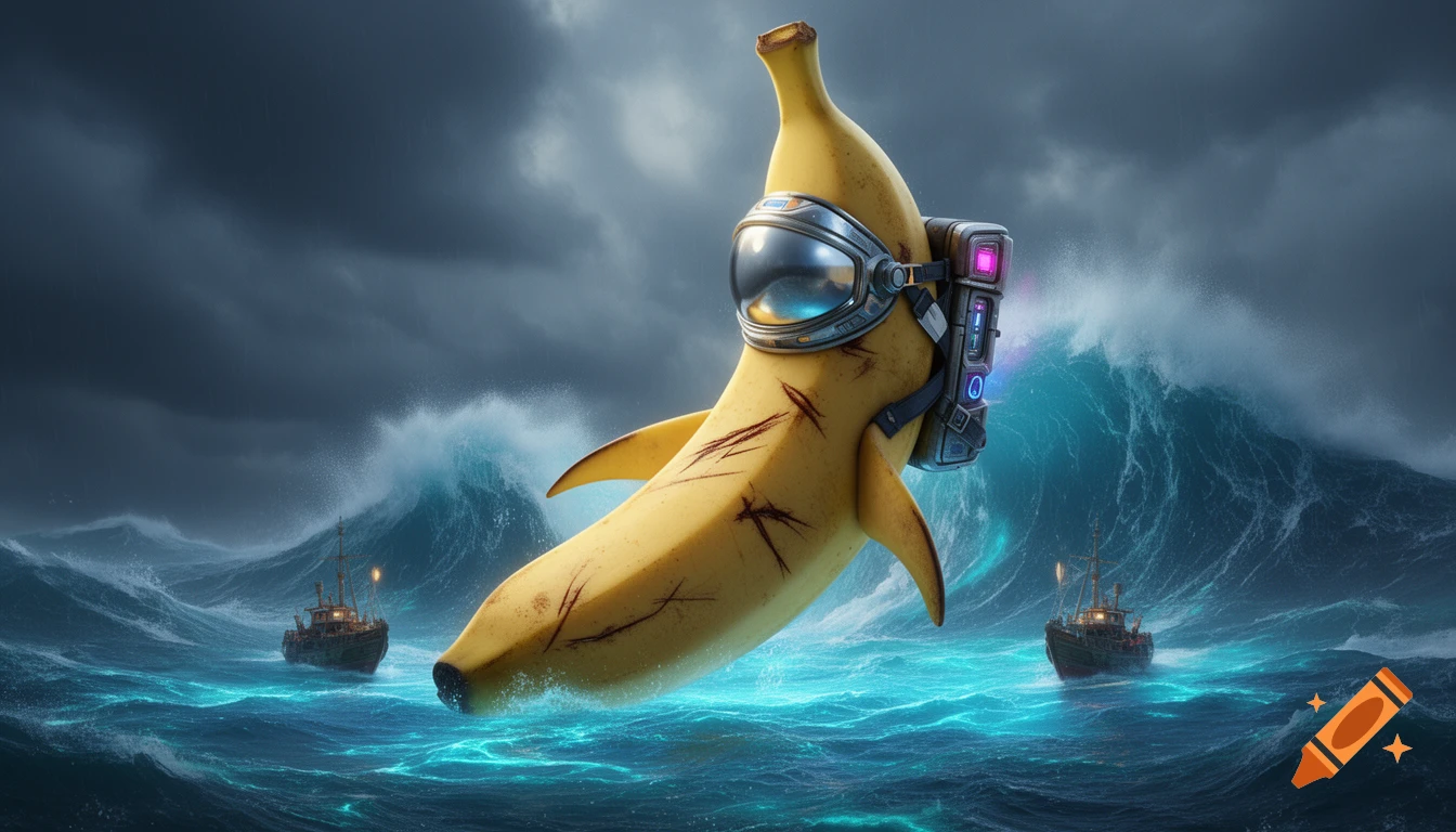 A gigantic banana sea monster with a futuristic visor and backpack rises from a stormy ocean, dwarfing tiny ships.