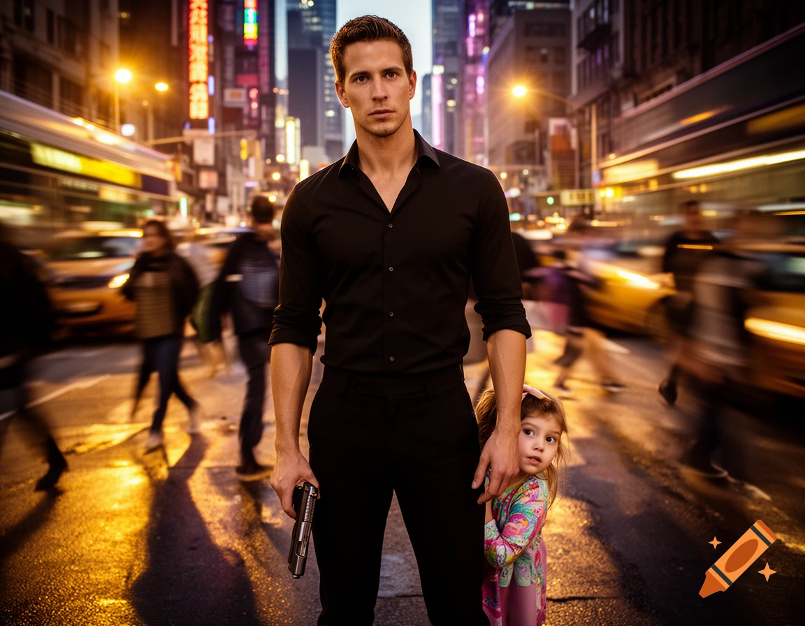 A photorealistic image of a man in a black shirt holding a pistol, protecting a child on a blurry, neon-lit city street at night.