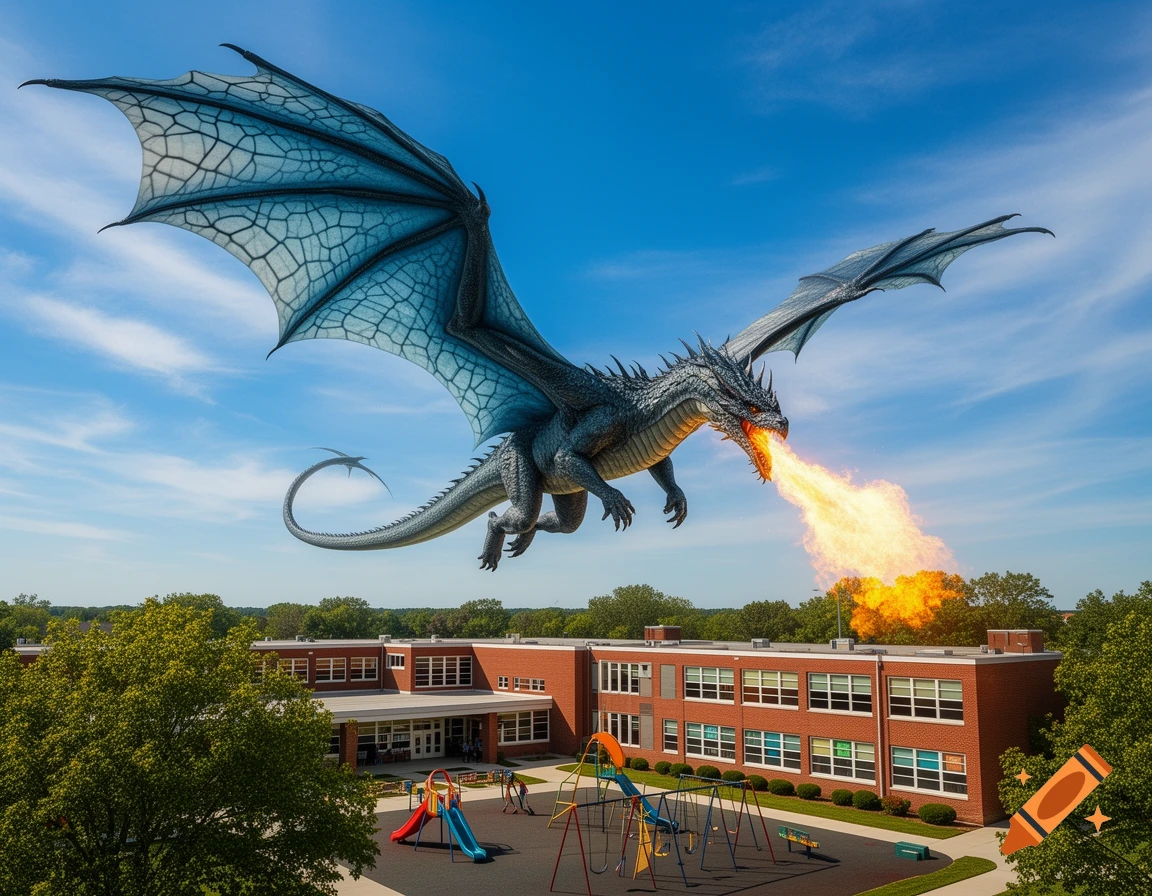 A large grey dragon with blue wings hovers over a red brick school building and playground, breathing fire.