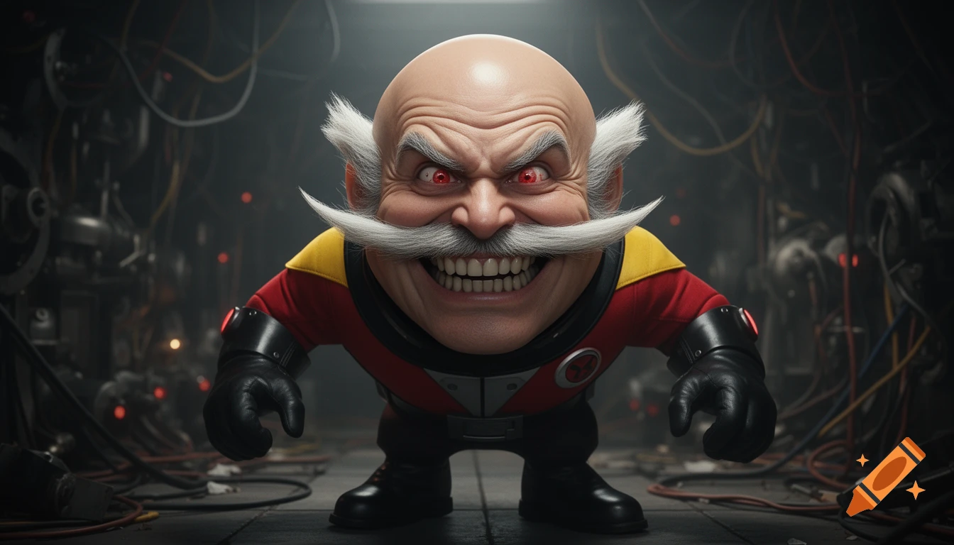 Hyperrealistic, insane-looking Dr. Eggman with red eyes and a wide grin, standing in a cluttered mechanical lair.