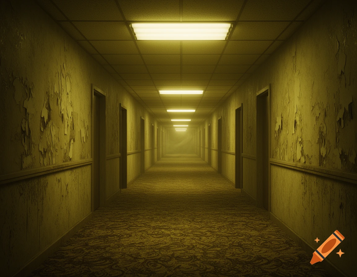 A long, empty, decaying yellowish hallway with peeling paint, patterned carpet, and bright fluorescent lights overhead.