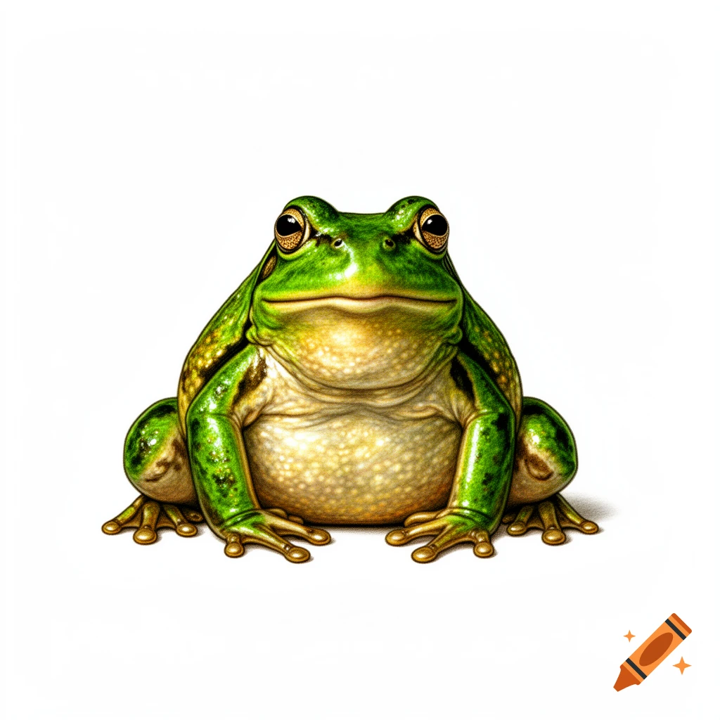 Detailed illustration of a green frog with a textured, lighter belly, facing forward on a white background.