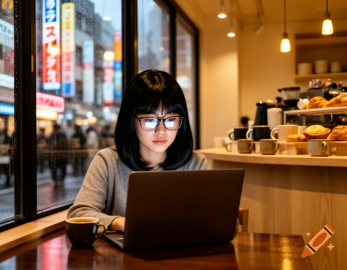 A black-haired woman with glasses works on a laptop in a cafe with a rainy Tokyo street outside.