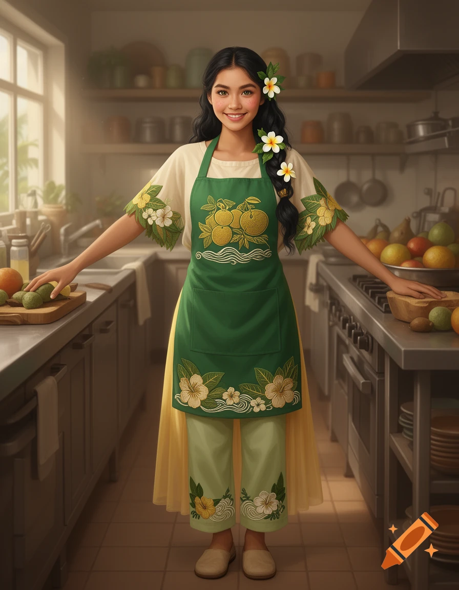 A smiling young woman with long dark hair, wearing a green apron with fruit and floral embroidery, stands in a brightly lit kitchen.