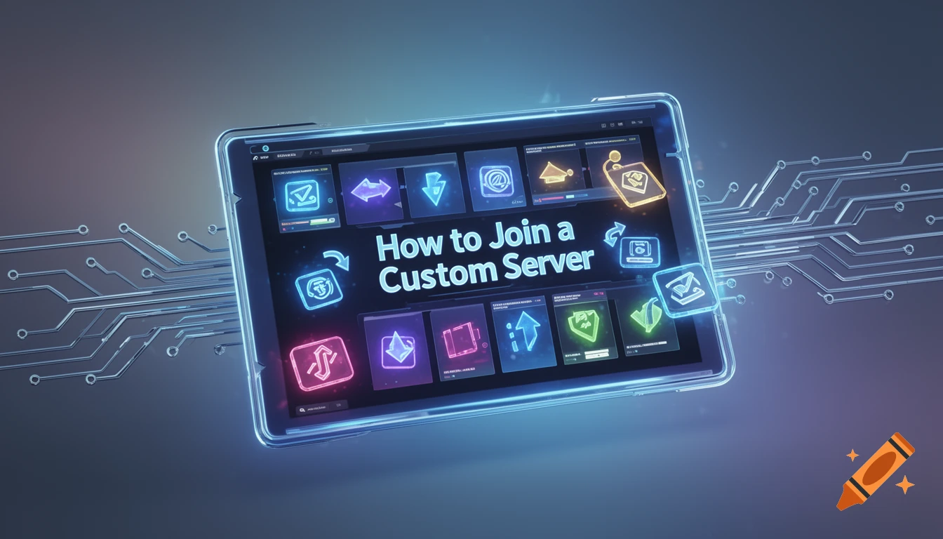 A glowing tablet displays 'How to Join a Custom Server' surrounded by neon digital icons and circuit lines.