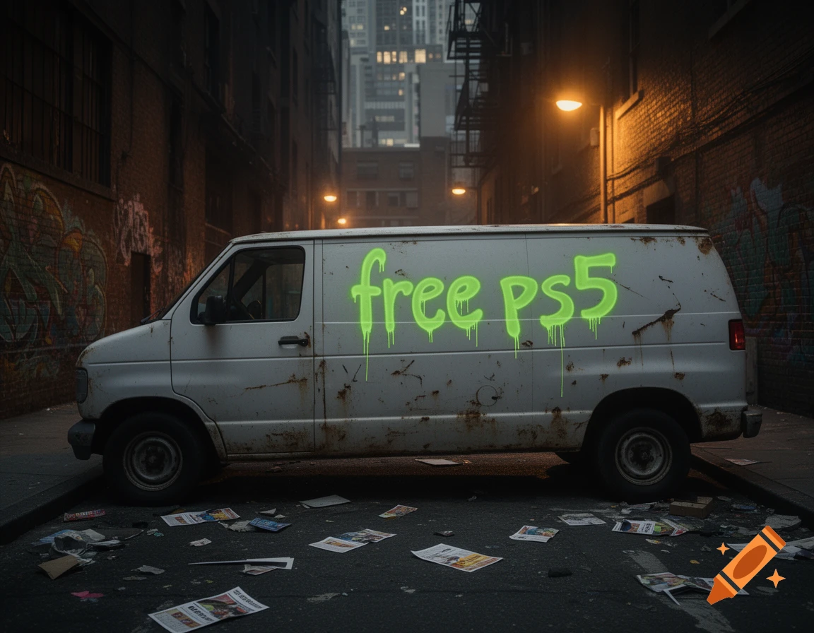 A rusty white van with "free ps5" spray-painted in neon green on its side is parked in a grimy urban alley at night, littered with trash.