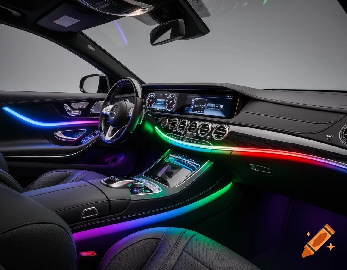 Sleek black car interior illuminated with vibrant RGB LED strip lights along the dashboard, door panels, and footwells.
