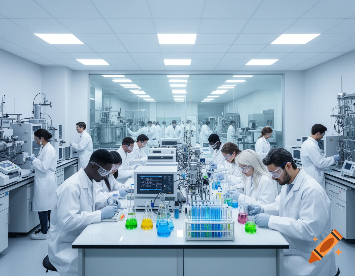 A busy modern biotechnology lab with diverse scientists in white coats and safety glasses working at benches with colorful beakers and complex equipment.