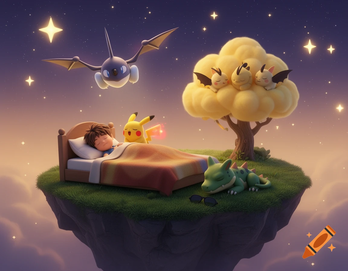 A boy and various Pokémon like Pikachu, Dragapult, Krokorok, and Emolga sleep on a floating island in a magical 3D animation style.