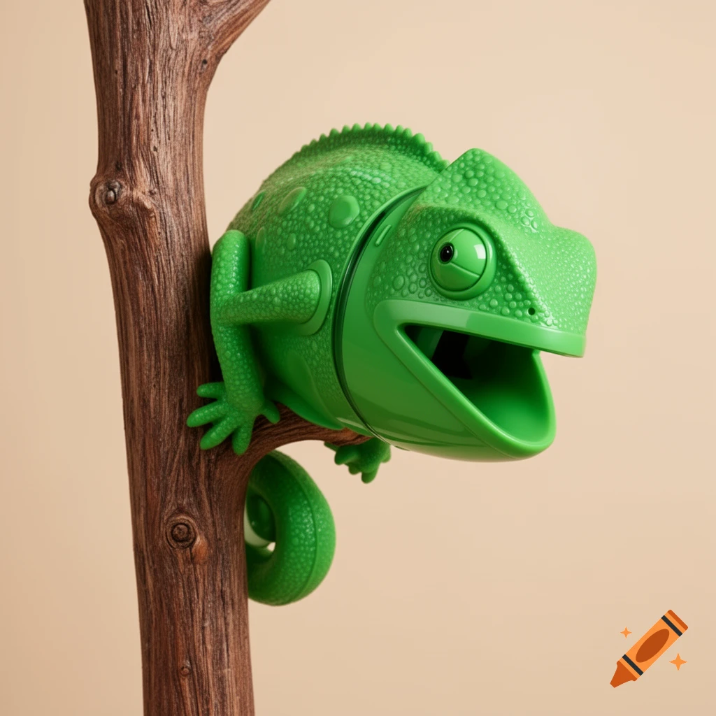 A close-up of a bright green plastic chameleon vacuum cleaner with an open mouth, perched on a rough brown wooden twig.