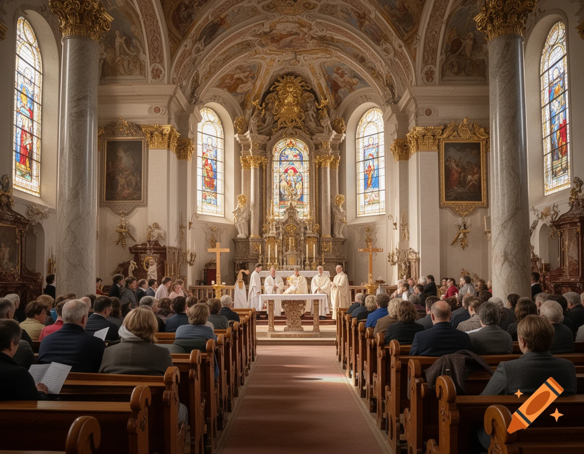 A congregation attends a religious ceremony in a grand, ornate church with high ceilings, columns, and stained glass windows.