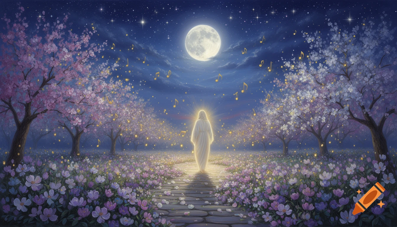 A glowing spiritual figure walks on a stone path through a moonlit, starry garden with blooming trees and musical notes floating in the air, digital painting.