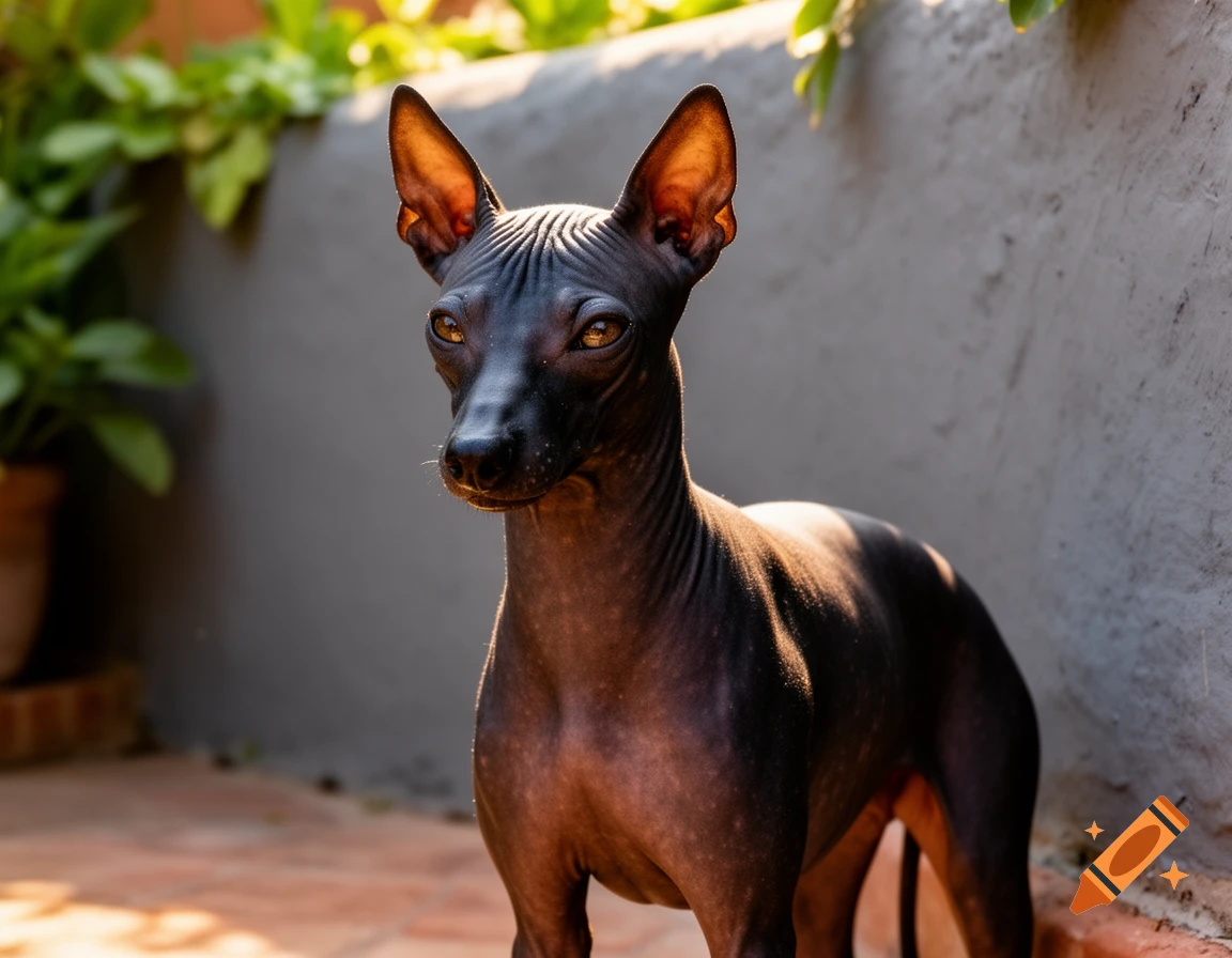 A photorealistic shot of a hairless Mexican Xoloitzcuintli dog with amber eyes standing outdoors.