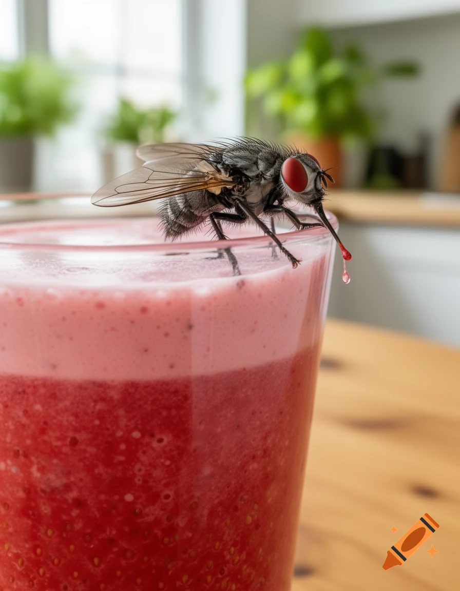 Photorealistic close-up of a fly with red eyes perched on a glass rim, a drop of pink smoothie dripping from its proboscis.