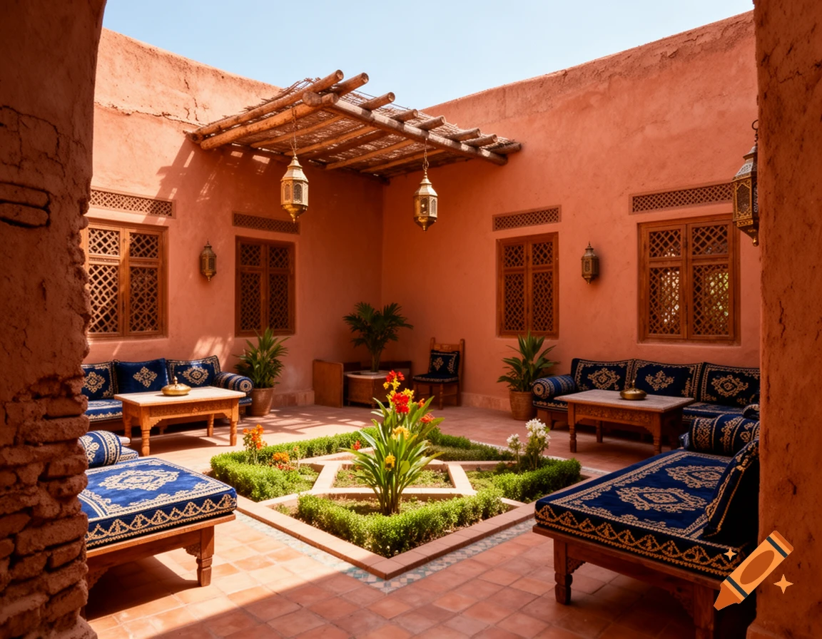 Sunlit Moroccan courtyard with terracotta walls, blue patterned sofas, and a central garden.