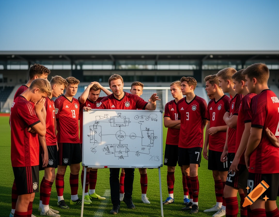 A coach in a red Germany jersey explains soccer tactics on a whiteboard to a confused youth team on a sunny pitch.