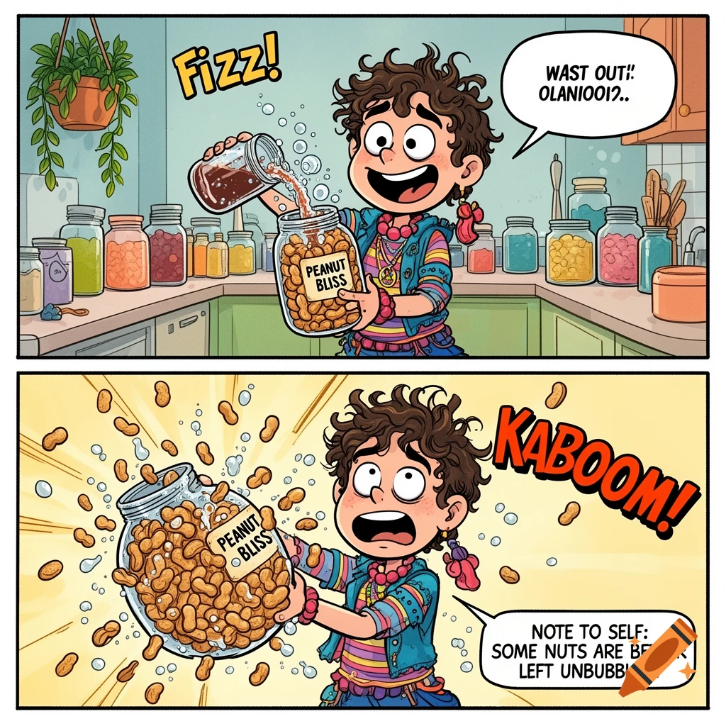 A child in a two-panel comic pours soda into a jar of peanuts, then reacts in shock as the jar explodes, spilling peanuts everywhere.