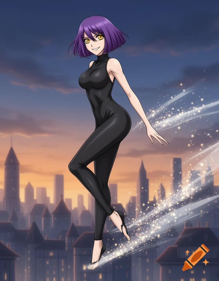 Smiling anime woman with short purple hair and yellow eyes, wearing a black catsuit, floats above a city at dusk with sparkling trails from her feet.