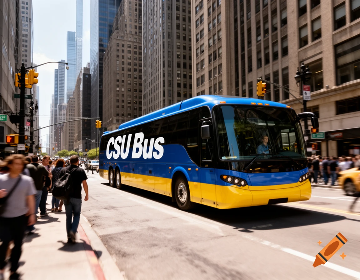 A blue and yellow CSU bus drives down a busy city street with tall buildings and blurred pedestrians, photorealistic.