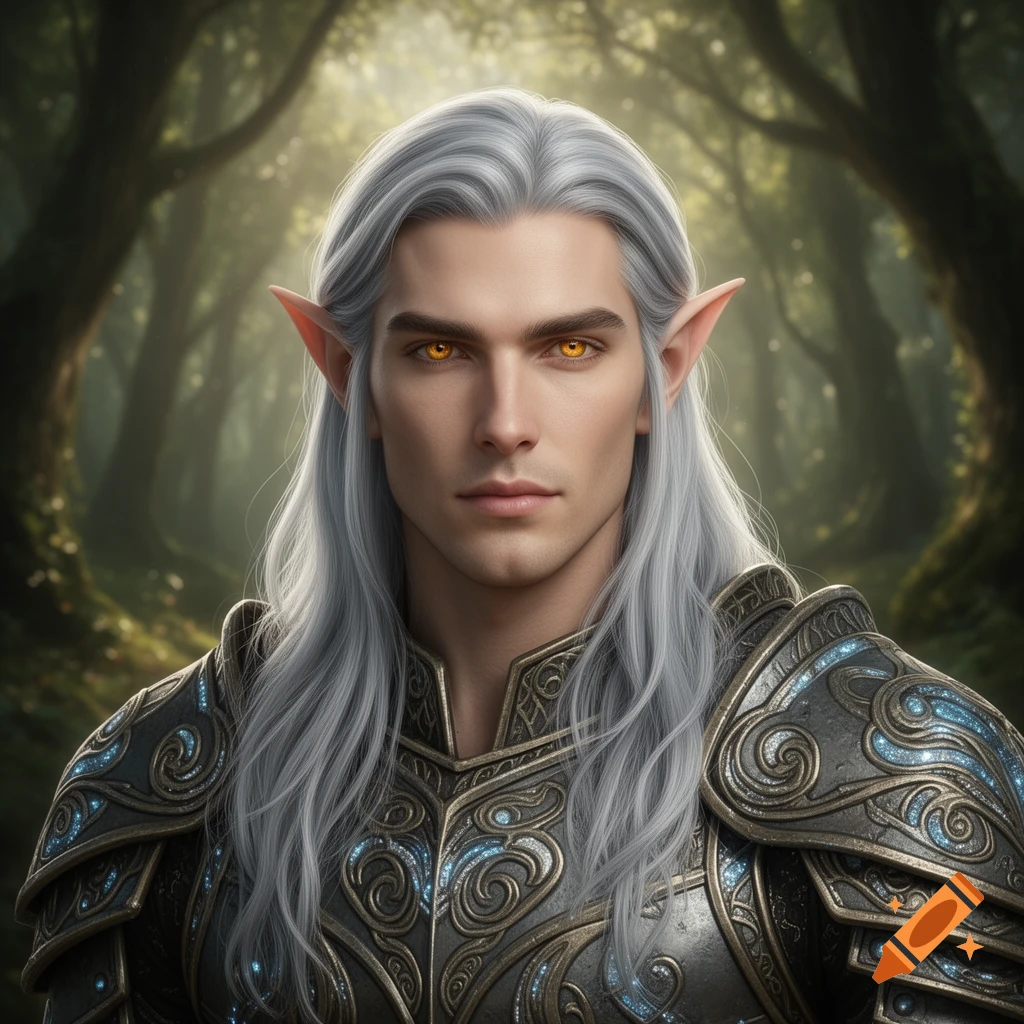 A photorealistic portrait of an attractive male elf with long silver hair and glowing gold eyes, wearing ornate dark armor, standing in a forest.