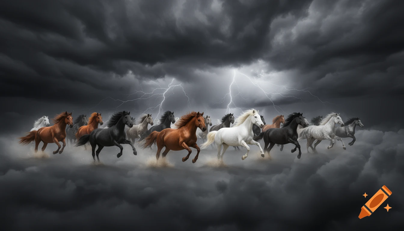 A herd of horses, including white, black, and brown, run through mist beneath a dark, stormy sky with lightning.