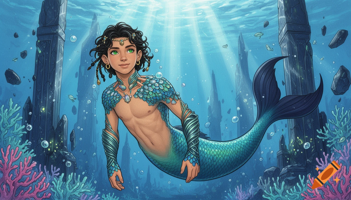 A merman with green eyes, dark hair, and a blue-green scaled tail swims underwater amidst ancient ruins and coral.