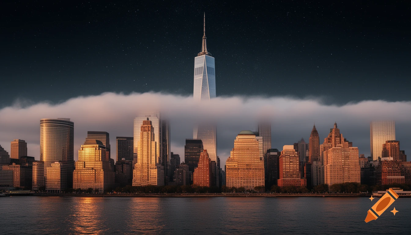 Photorealistic NYC skyline at dusk from Hudson River. Skyscrapers pierce clouds into starry sky, golden reflections on water.