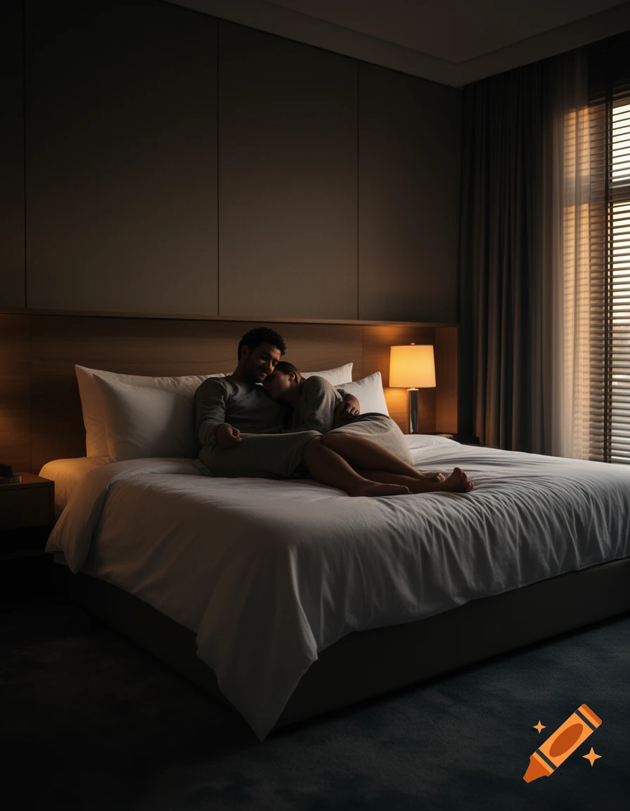 A man and a woman cuddle on a bed in a dimly lit bedroom, with a lamp glowing beside them and sunlight filtering through blinds.