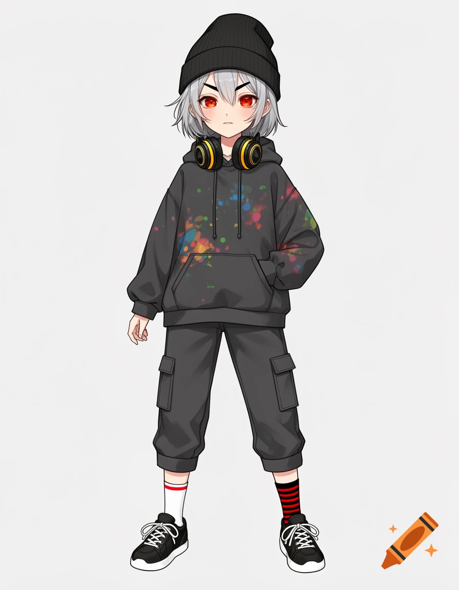 An anime girl with silver hair, red eyes, black beanie, headphones, and a paint-splattered black hoodie, standing in cargo pants and mismatched socks.