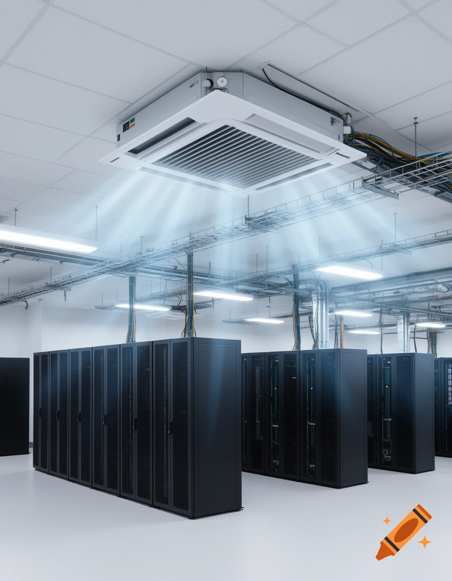 Photorealistic image of a ceiling-mounted indoor air conditioning unit cooling a modern server room with rows of black racks.