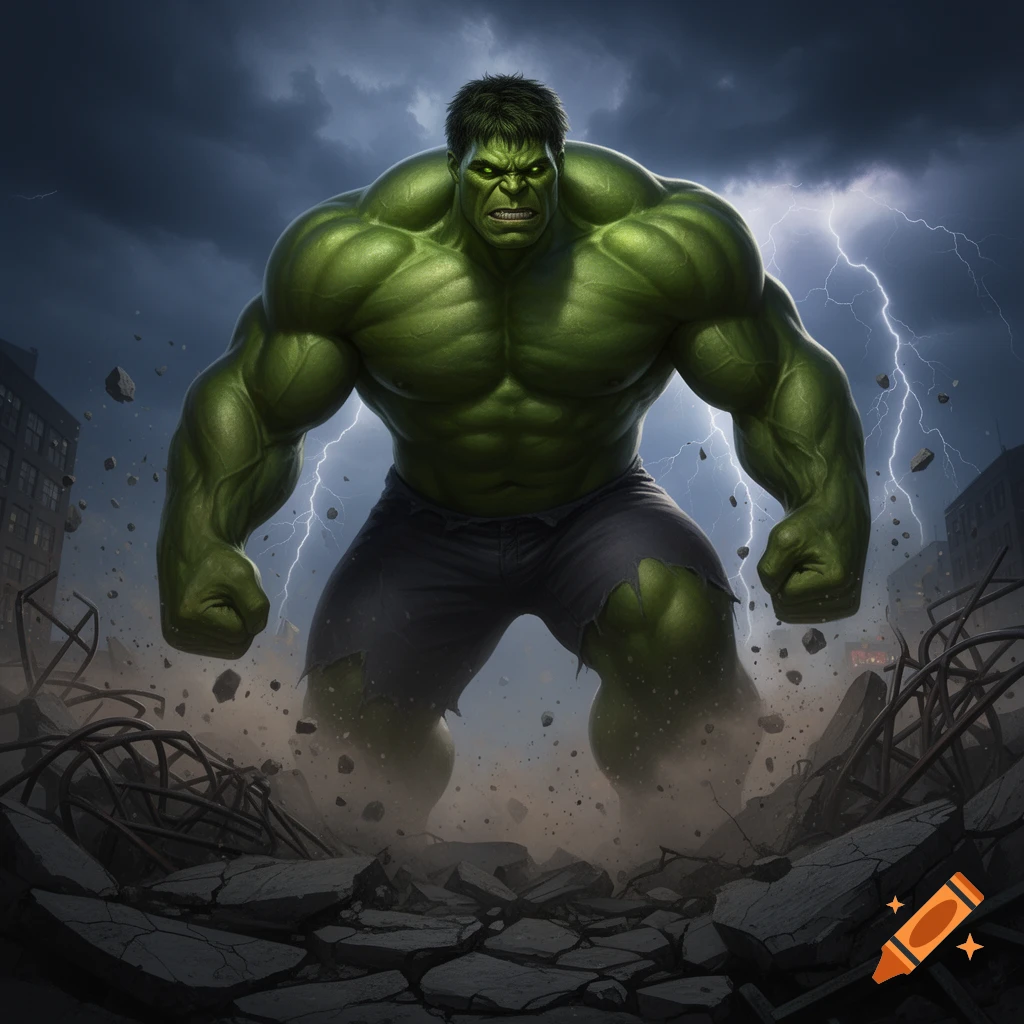 The Hulk, a muscular green superhero, stands enraged amidst urban destruction with lightning striking in the background.