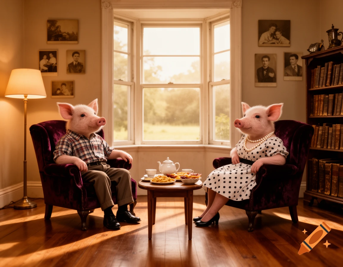 Two photorealistic anthropomorphic pigs sit in armchairs in a sunlit living room, enjoying tea by a bay window.