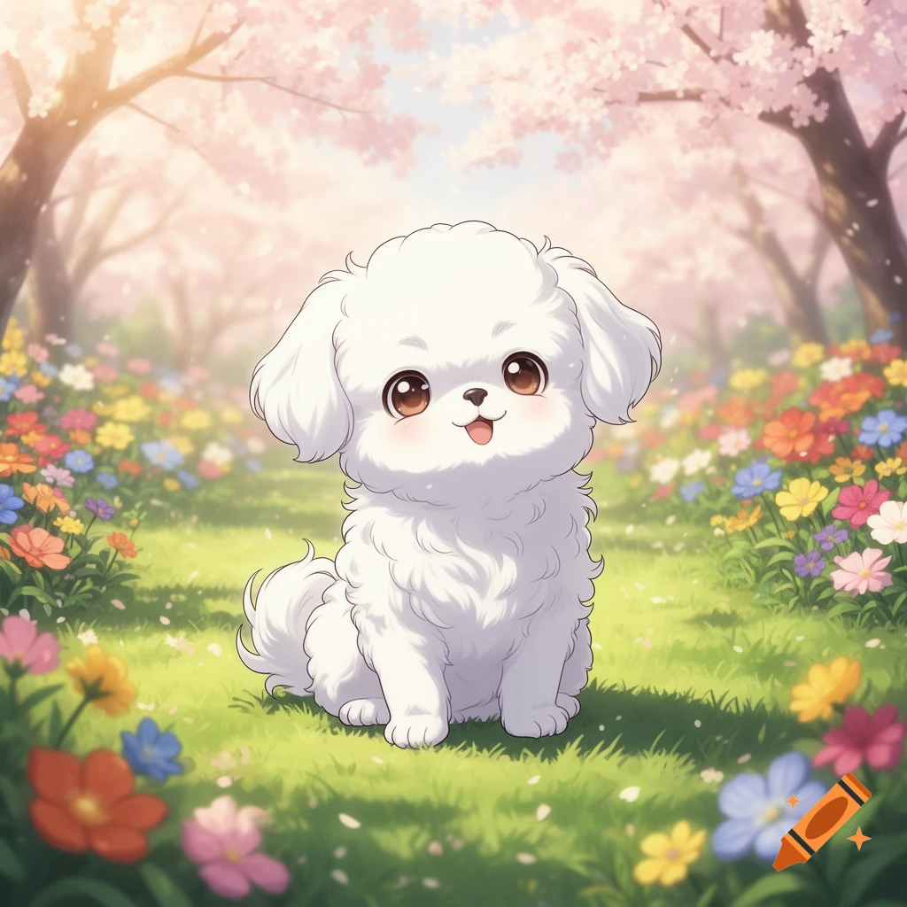 A fluffy white anime puppy with big brown eyes sits smiling in a vibrant spring meadow with colorful flowers and pink cherry blossom trees.