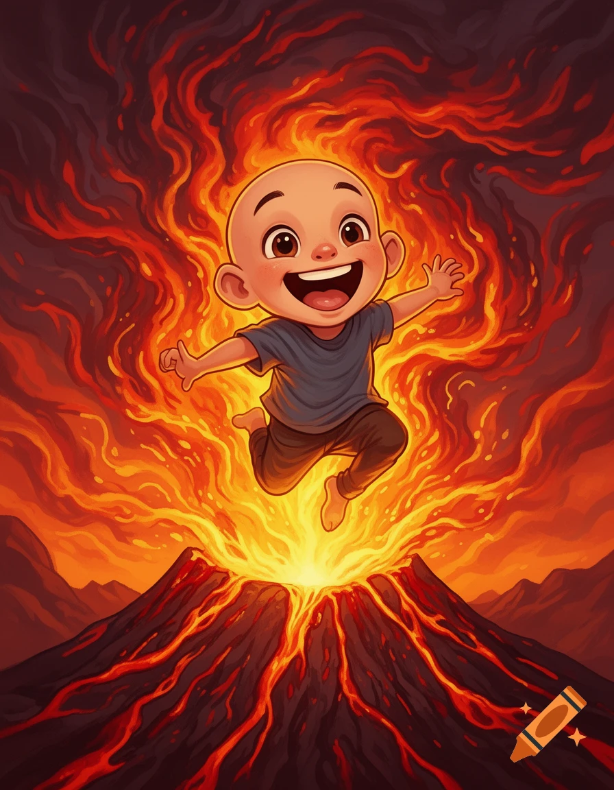 A happy bald cartoon kid with big eyes and a wide smile leaps joyfully out of an erupting volcano amidst vibrant flames.