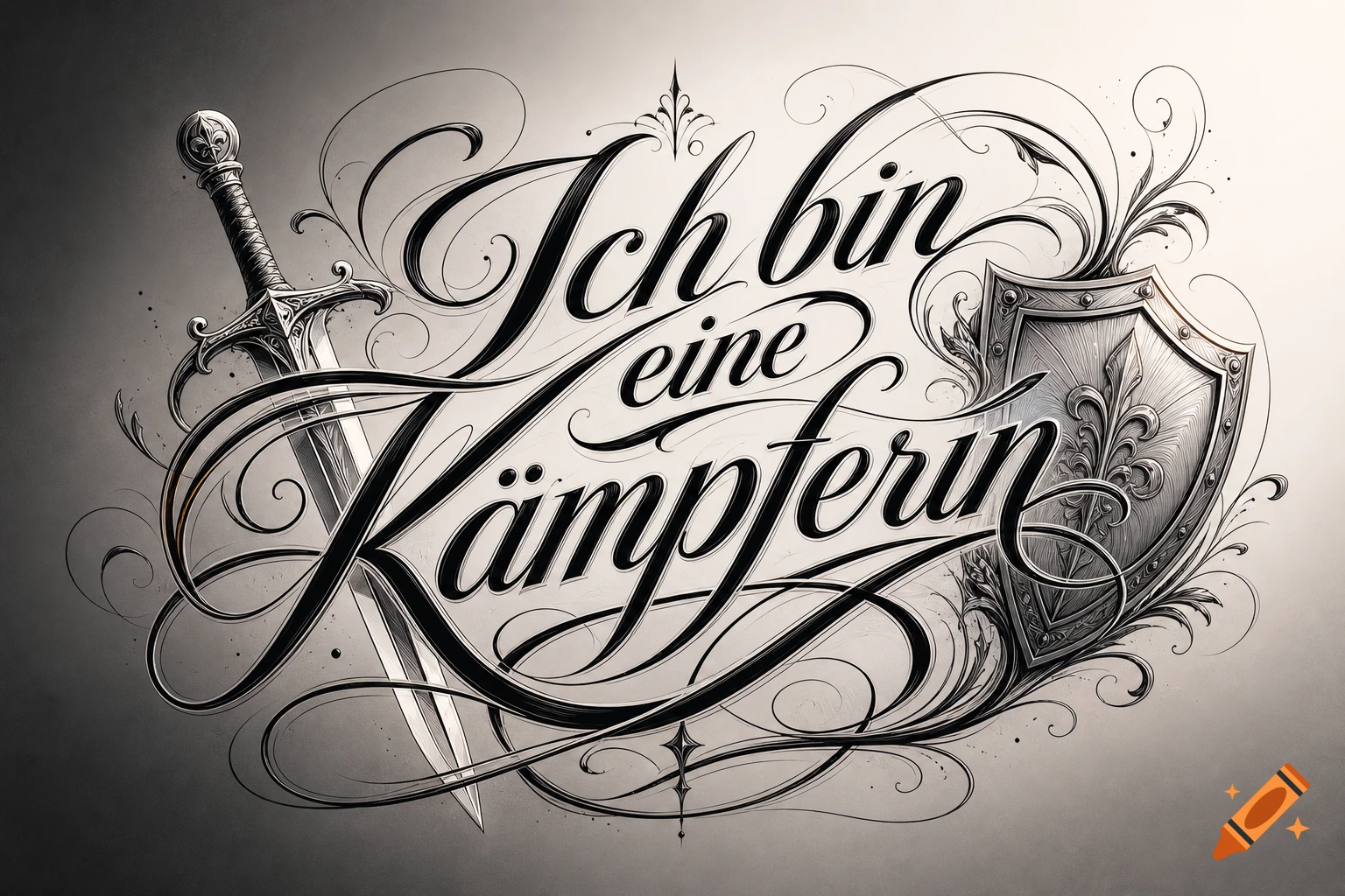 Detailed black and white calligraphic lettering 'Ich bin eine Kämpferin' (I am a fighter) with a sword and shield.