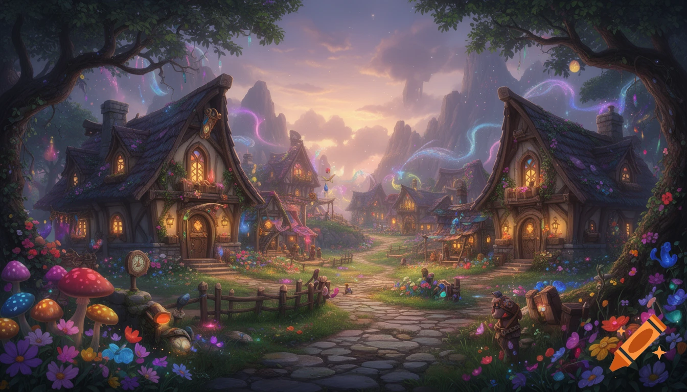 Vibrant, magical village with charming houses nestled in a lush, colorful landscape under a glowing sunset sky in a Pixar-Disney animation style.